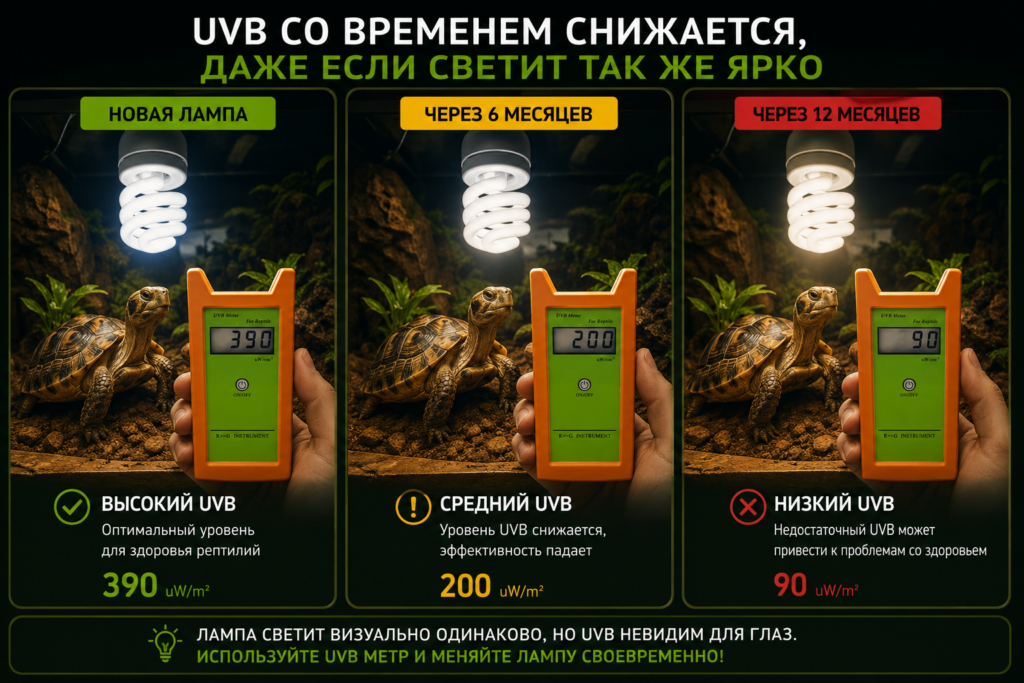 Показательная инфографика показывающая что уже через 6 месяцев интенссивность уф лампы снижается в 2 раза